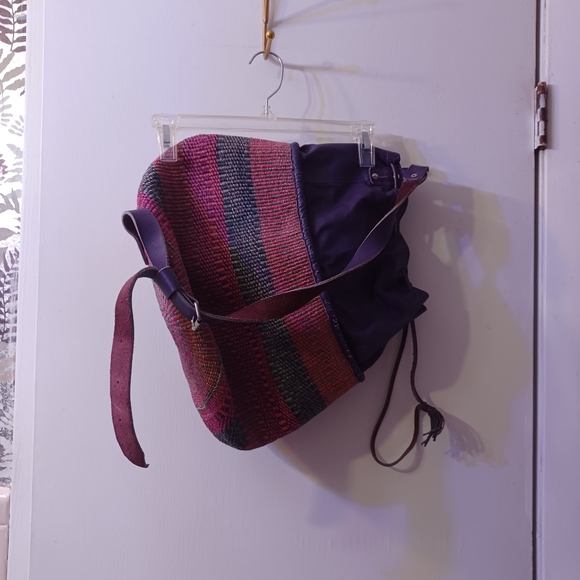 Colorful "Why Not" Purple Leather & Multi-color Woven Hemp Drawstring Bucket Bag - Picture 8 of 9
